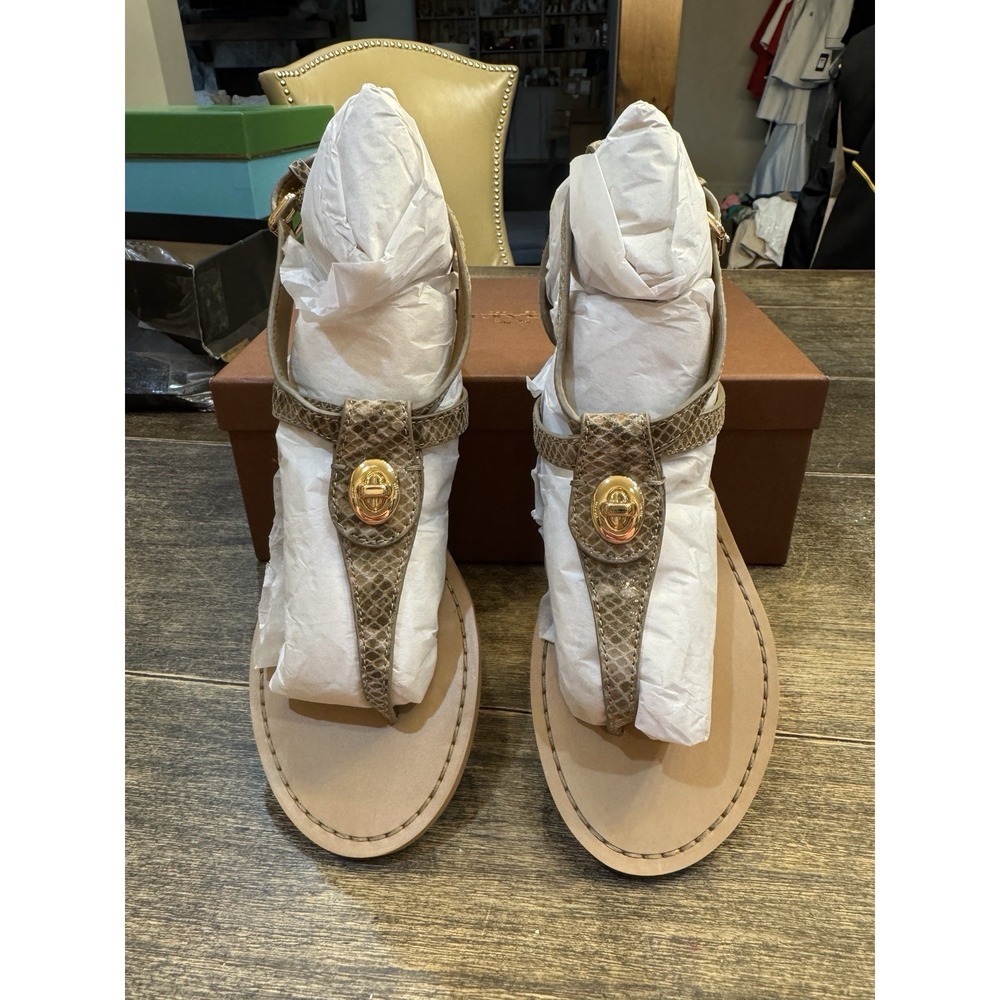 COACH Ingrid Natural Snake Print Leather Thong Wedge Sandals Women's Size 6 - Picture 6 of 14